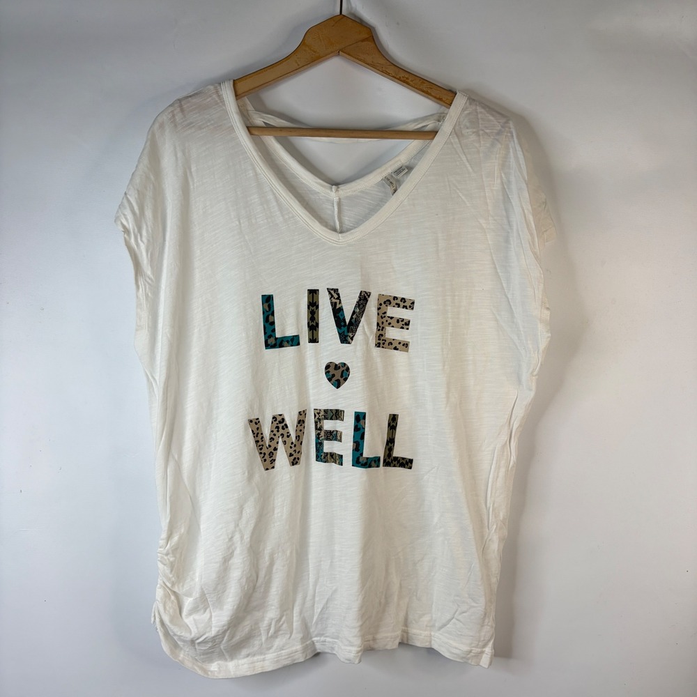 Live Well Active Graphic T-Shirt Women 18/20W White Leopard Print Ruched Side